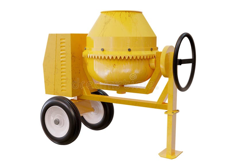 Yellow Concrete, Cement Mixer Machine Isolated on White Background Stock Illustration