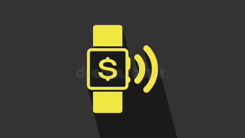 Yellow Contactless payment icon isolated on grey background. Smartwatch with nfc technology making wireless contactless vector illustration