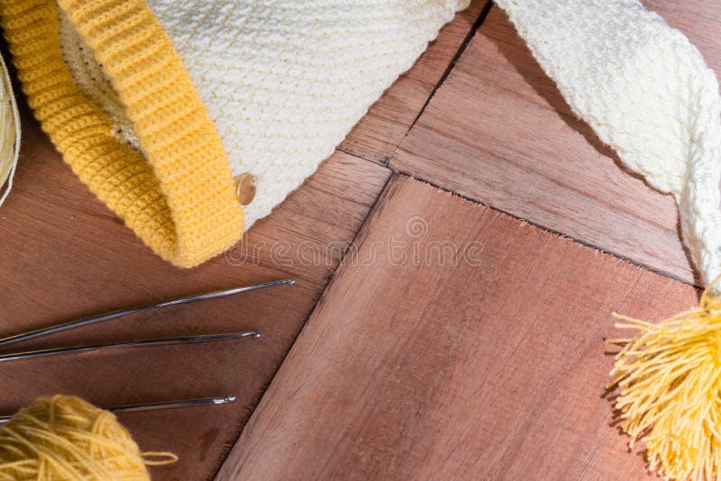 Yellow Crocheted Hat with Materials for Designing and Knitting Garments Stock Photo Image of