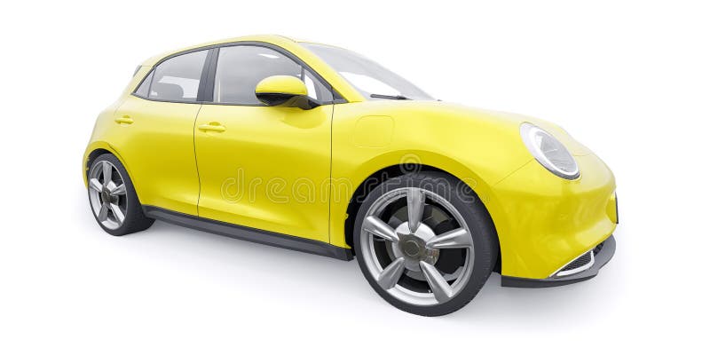 Yellow Cute Little Electric Hatchback Car. 3D Illustration. Stock