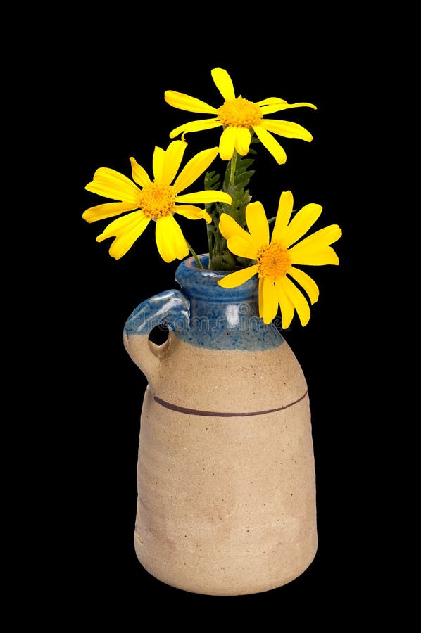 Yellow Daisies In Pottery Vase Stock Image Image of boquet, blue