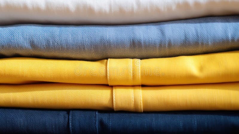 Yellow denim fabric. Yellow and blue fabrics folded on a table. A stack of different colored folded clothes. Stack of stock photo