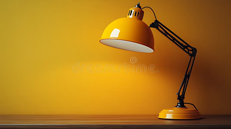 Yellow desk lamp illuminates workspace, amber wall background, design vector illustration