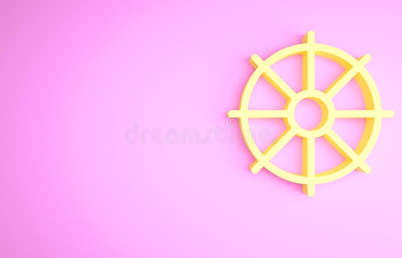 Yellow Dharma wheel icon isolated on pink background. Buddhism religion sign. Dharmachakra symbol. Minimalism concept. 3d illustration 3D render.