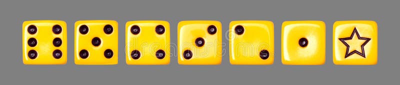 Yellow dice from one to six dots isolated on a gray background. Object of gambling, poker, and board games. Design