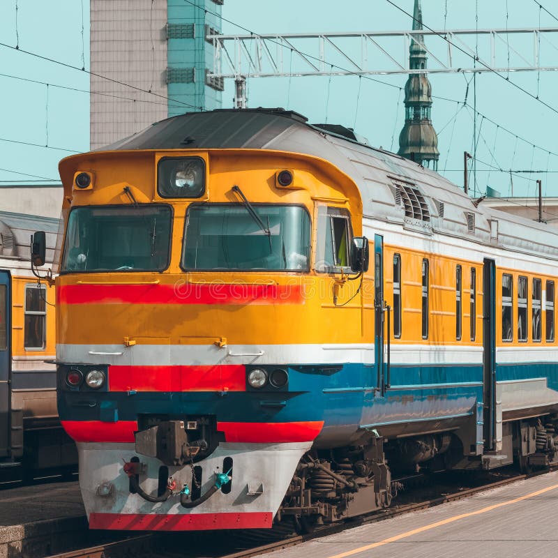 Yellow diesel train stock image. Image of passenger, blue 99613267