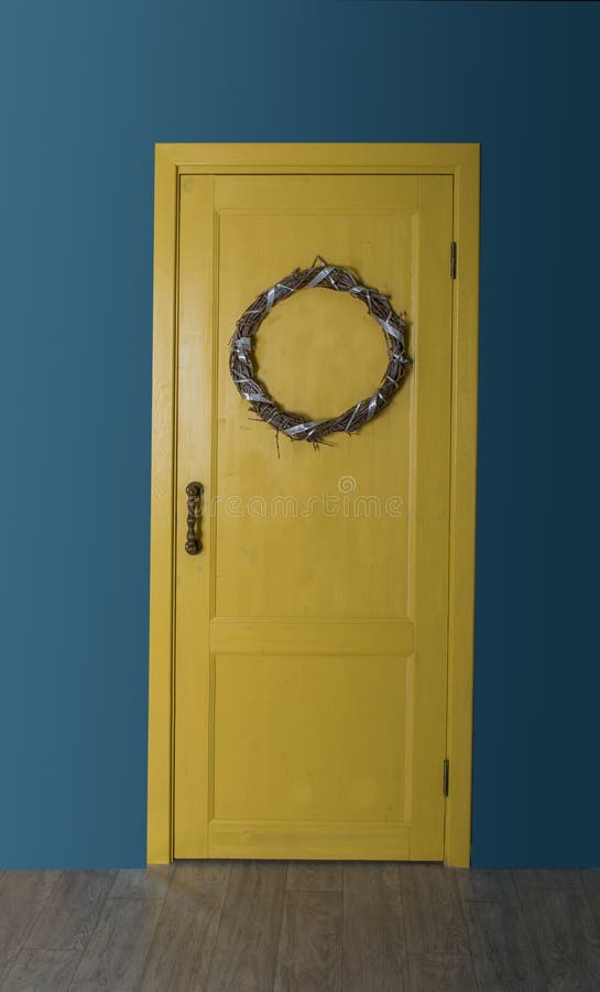 Yellow Door with Wreath stock photo. Image of white, entrance 27193222