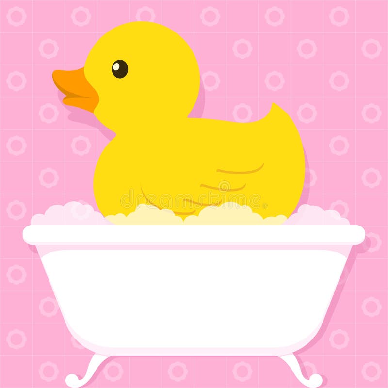 Cute little yellow duck floating in an old retro style bathtub with soapy bubbles over a pink tiled bathroom background, cartoon illustration. Cute little yellow duck floating in an old retro style bathtub with soapy bubbles over a pink tiled bathroom background, cartoon illustration