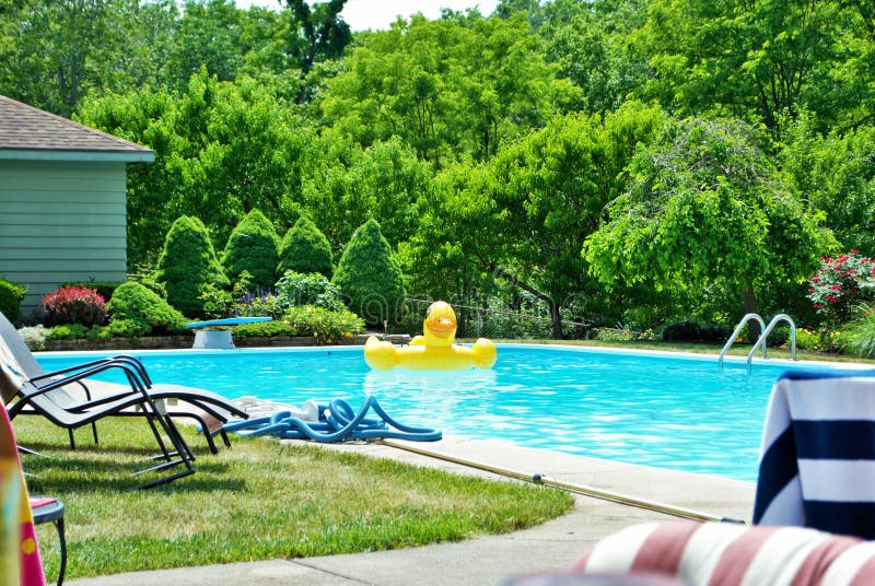 Yellow duck inflatable floating in a backyard swimming pool stock images
