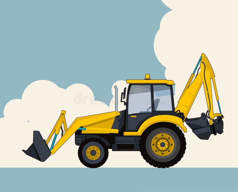 Yellow excavator, sky with clouds in background. Banner layout with earth mover.