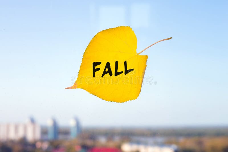 Yellow fallen leaf labeled fall stuck to the window on the skyline