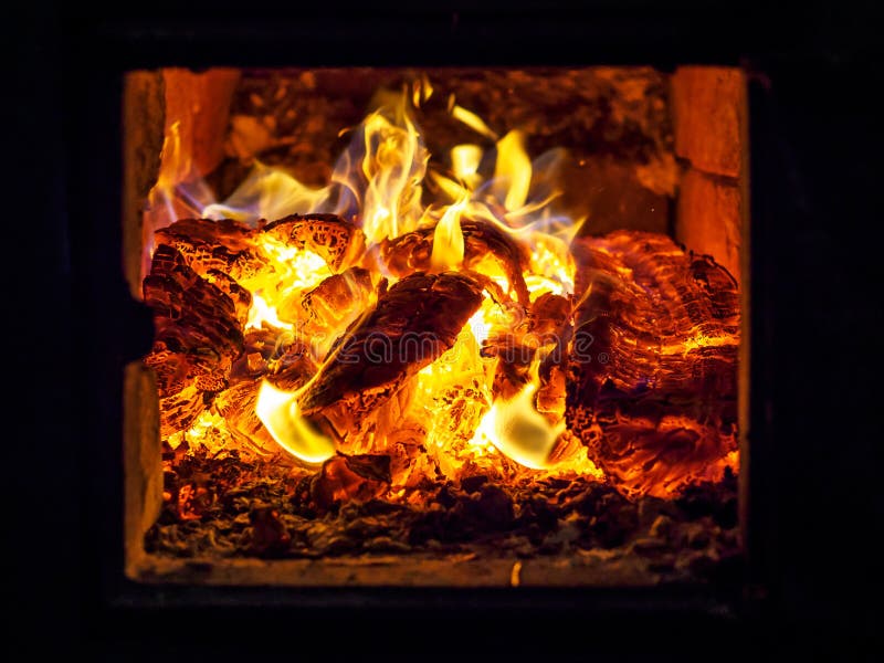 Yellow Flame of Firewood Burning in Oven. Stock Image Image of night