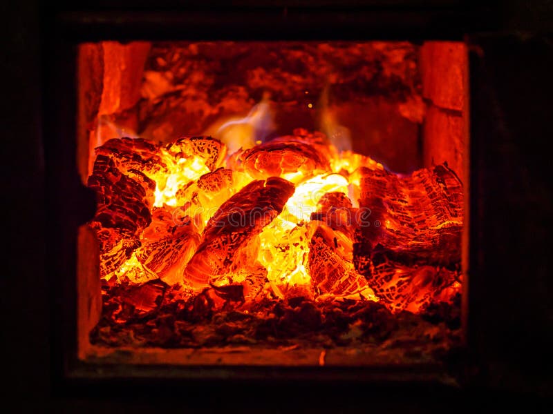 Yellow Flame of Firewood Burning in Oven. Stock Photo Image of