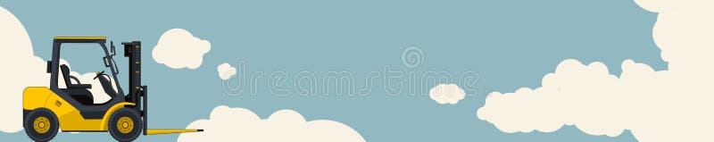 Yellow fork lift loader, sky with clouds in background. Horizontal banner layout, small excavator, crane. Vintage color stylization. Construction machinery vehicle, ground works. Vector illustration. Stack vehicle vectors