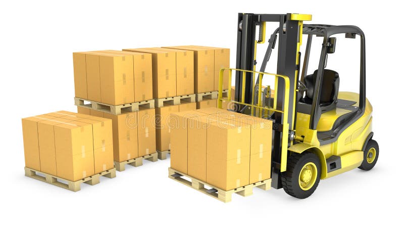 Yellow fork lift truck with stack of carton boxes, on white background. Stack vehicle illustrations