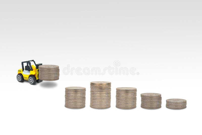 Business Growing and Financial Concept : Yellow forklift truck carrying stack of silver coins to fulfill the tower of coins.