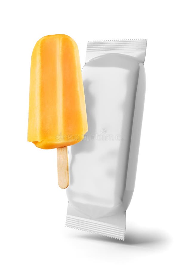 Yellow fruit popsicle and clean package isolated. Ice cream mock-up