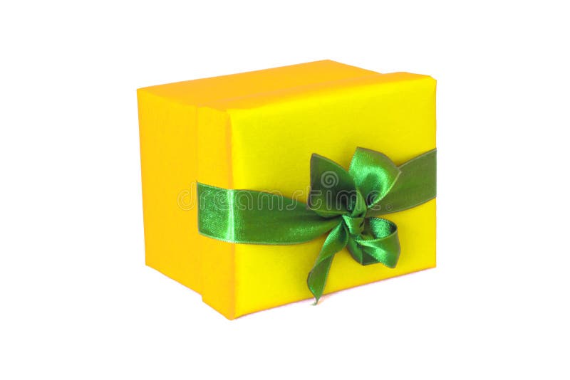Green Gift Box With Yellow Satin Ribbon Bow Stock Photo Image of