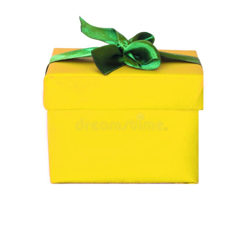 Yellow Gift Box with Green Satin Ribbon Bow Stock Image Image of