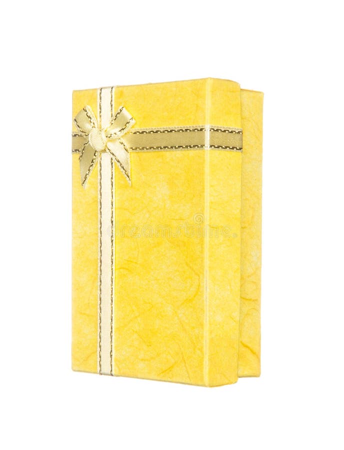 Yellow Gift Box with Ribbon and Bow Isolated on White Stock Image