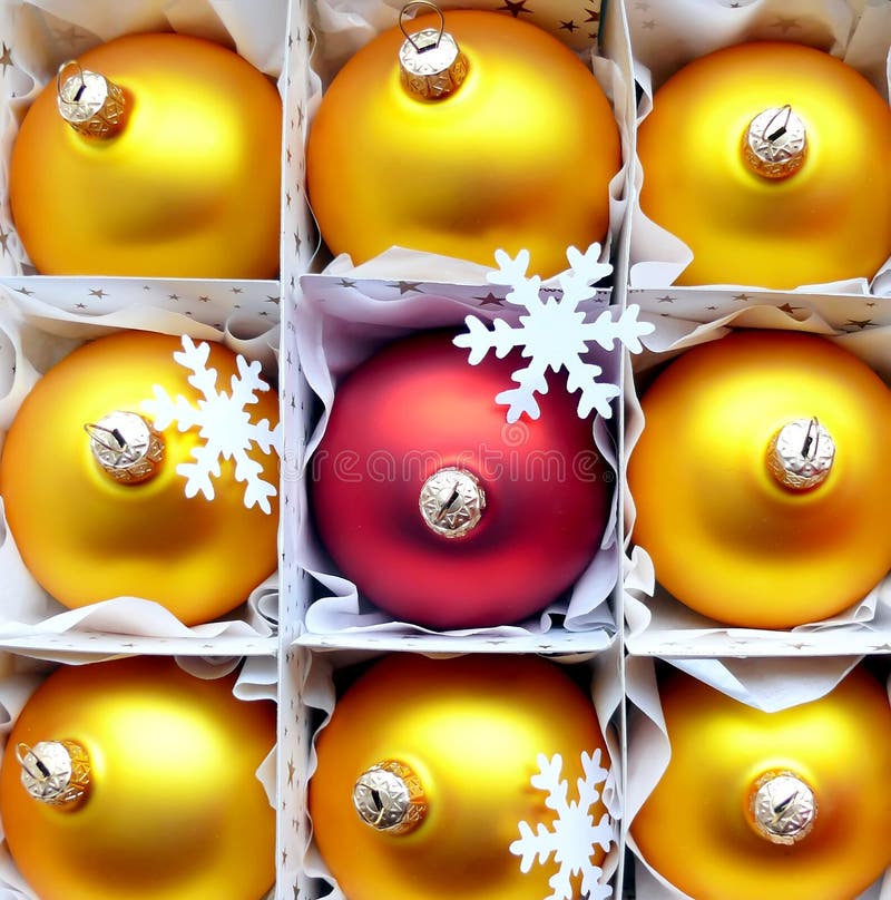 Yellow glass balls in box stock photo. Image of decoration 7274182