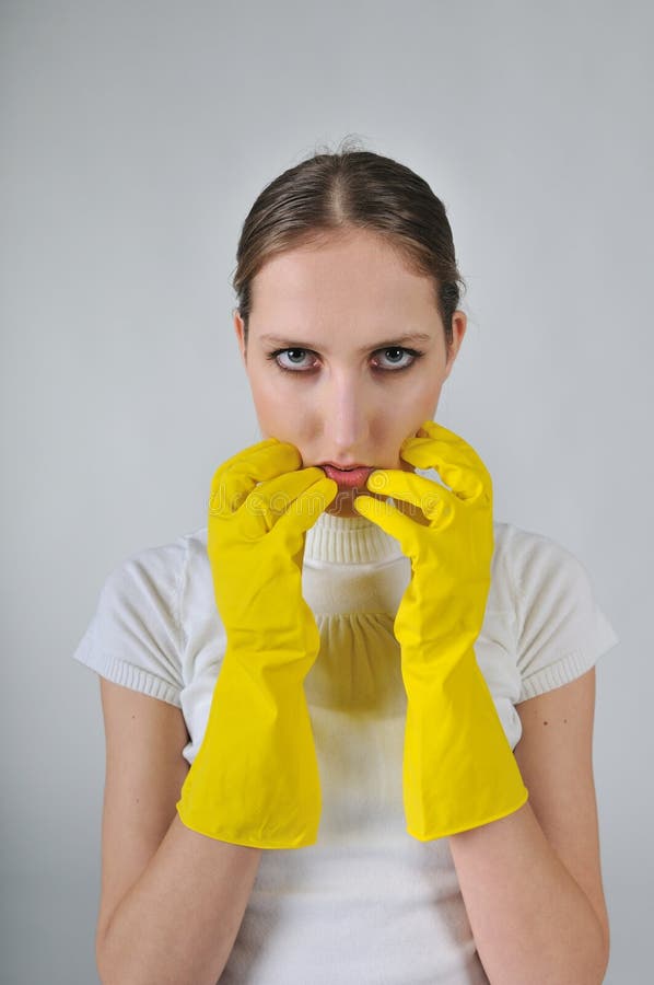 Yellow Gloves What Will I Do? Stock Photo Image of mouth, portrait