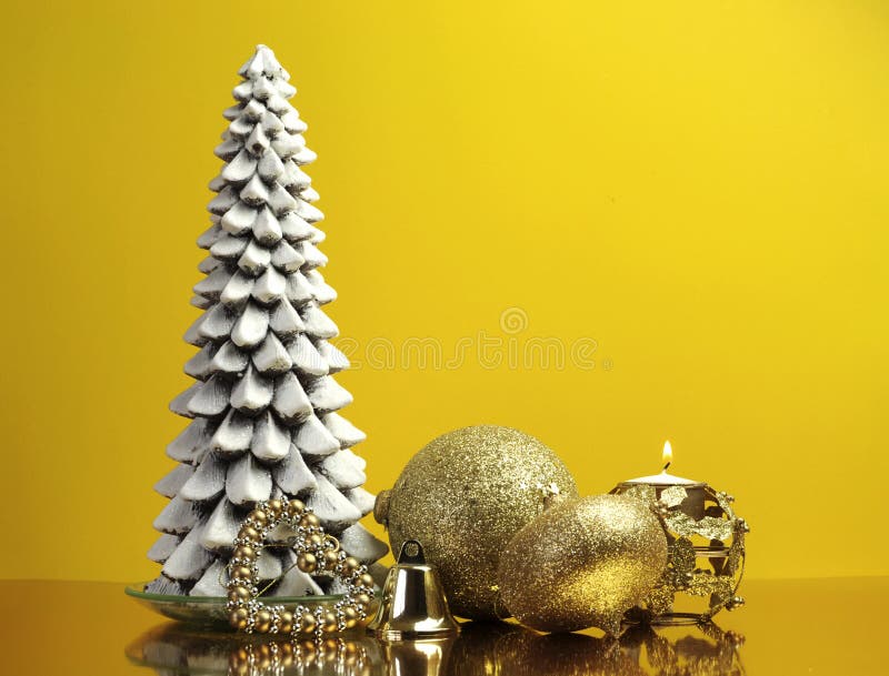 Yellow Gold Theme Christmas Gift and Bauble Decorations Stock Image