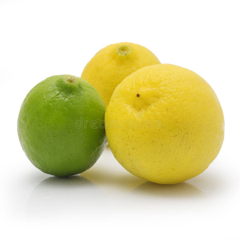 Yellow and Green Lemon, Lime, Isolated on White Background Stock Photo