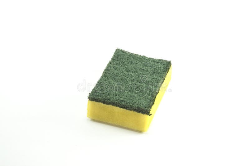Yellow and Green Scrub Sponge Used on White Background Stock Photo