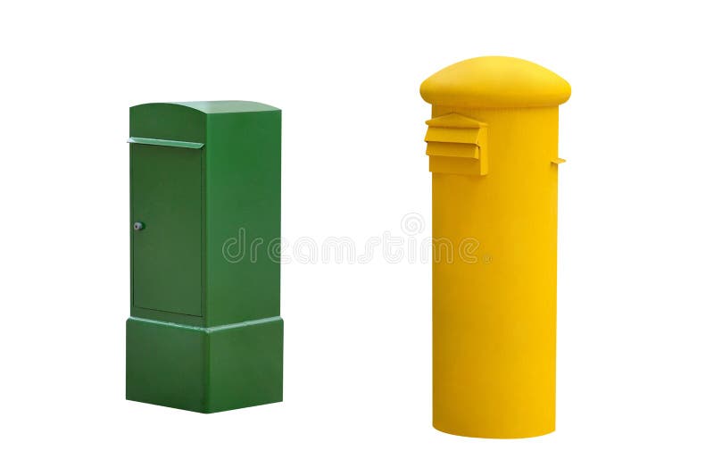 Yellow and Green Street Mailboxes Isolated on White Background Stock Photo Image of british