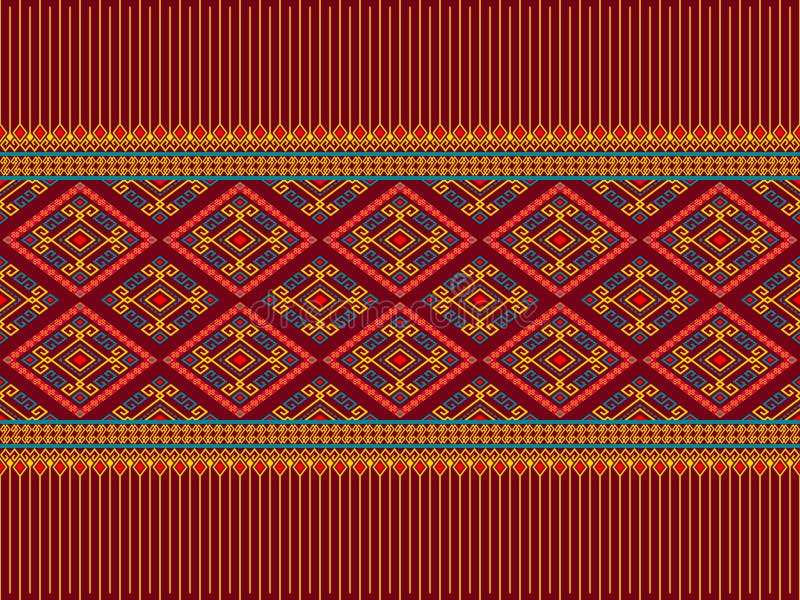 Yellow Green Symmetry Geometric Ethnic or Tribe Seamless Pattern on Red ...