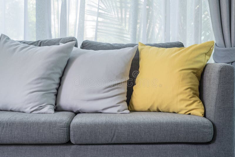 Yellow and Grey Pillows on Modern Sofa Stock Image Image of estate