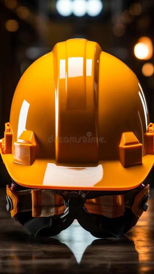 Cască galbenă scoasă din vedere în față de către constructor, cu un fundal luminos vector illustration