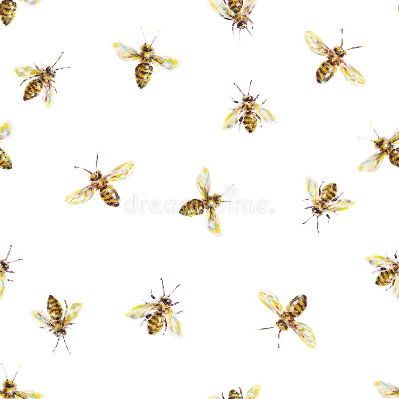 Yellow honey bees on a white background. Acrylic painting. Insects bee art. Handwork. Seamless pattern