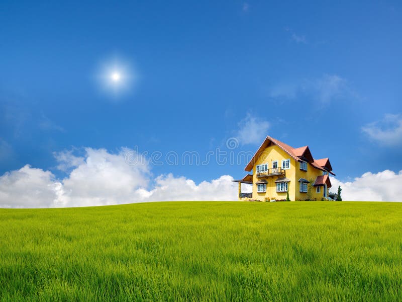 Yellow House on Grass Field Stock Image Image of nature, country