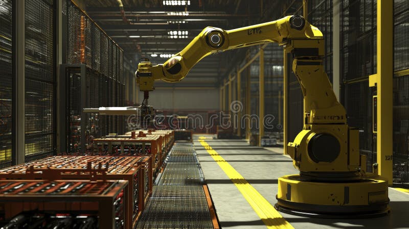 Yellow industrial robotic arm in active assembly line stock illustration