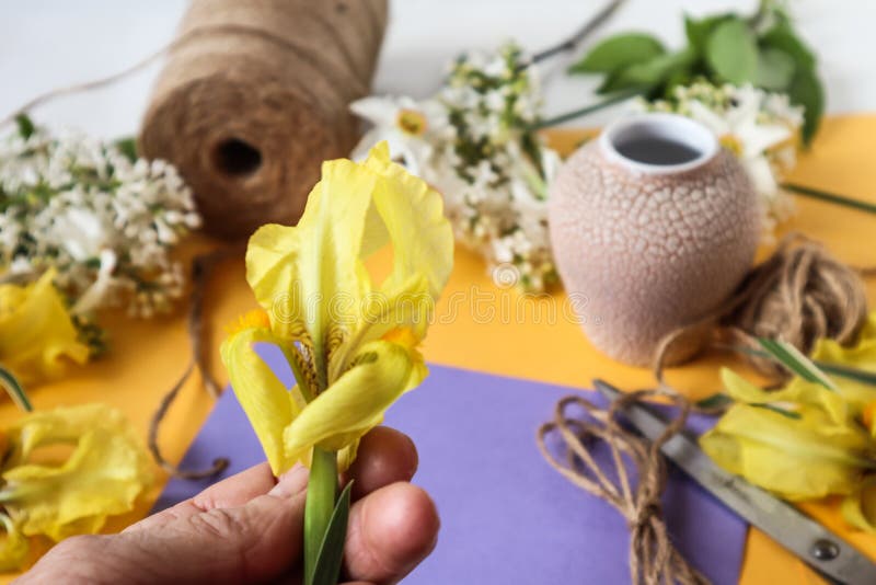 A Great Hobby is Making Bouquets of Fresh Cut Flowers. Stock Photo