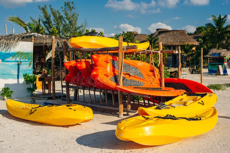 Yellow Kayaks on the Beach in Island Holbox, Mexico Stock Image Image