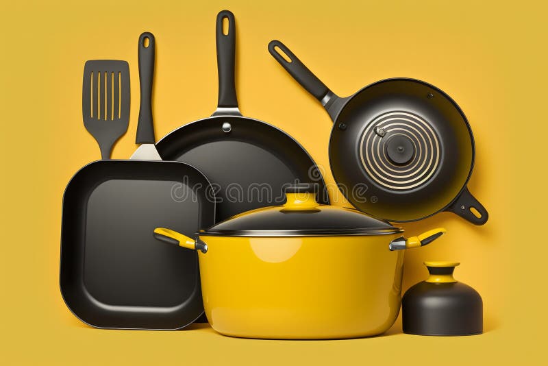 Yellow Kitchen Utensils Set. Neural Network AI Generated Stock