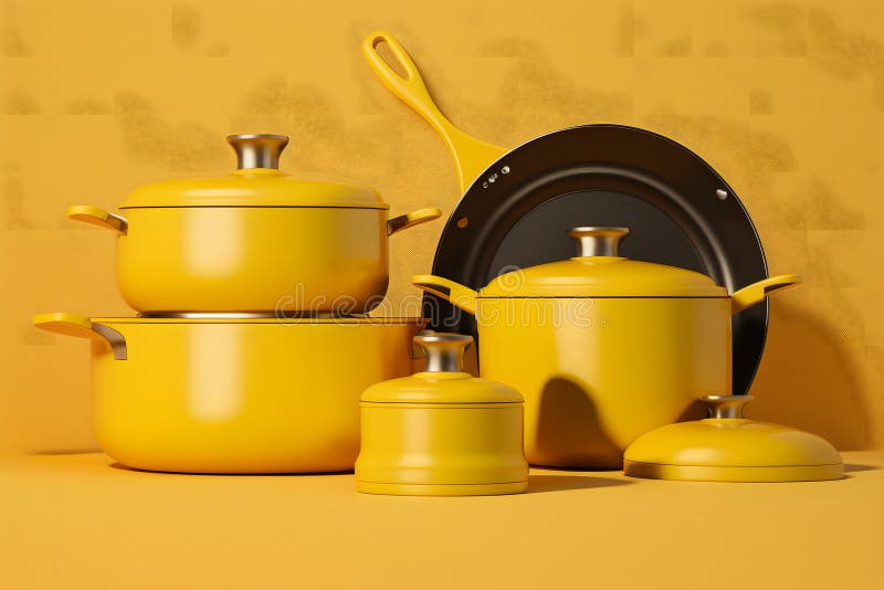 Yellow Kitchen Utensils Set. Neural Network AI Generated Stock