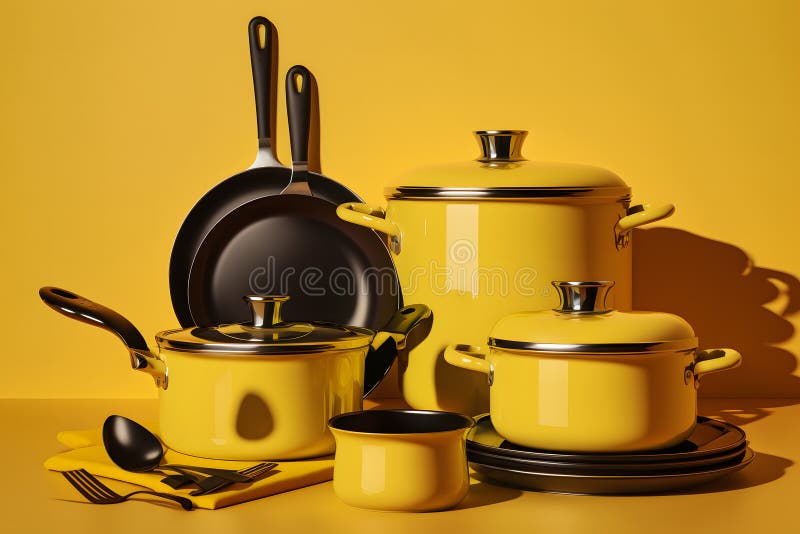 Yellow Kitchen Utensils Set. Neural Network AI Generated Stock Photo