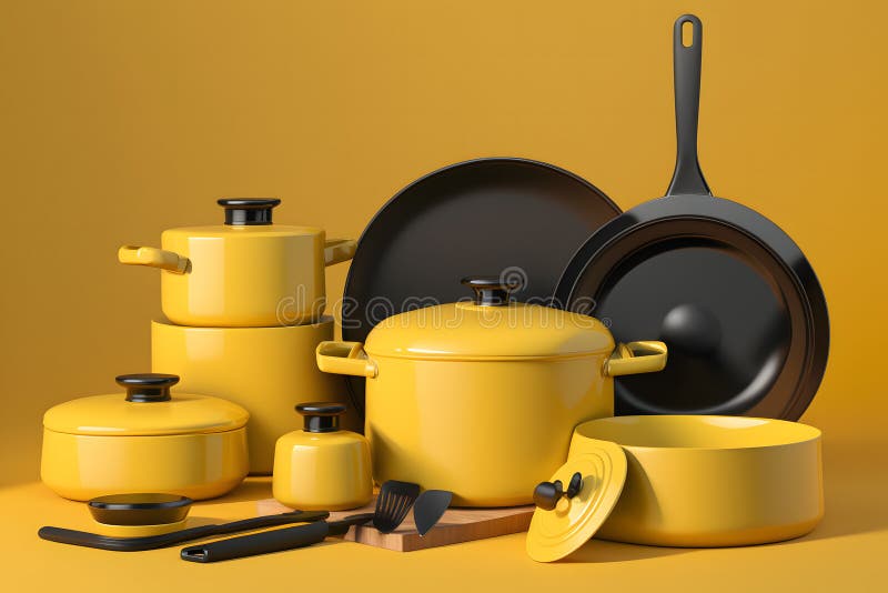 Yellow Kitchen Utensils Set. Neural Network AI Generated Stock Photo