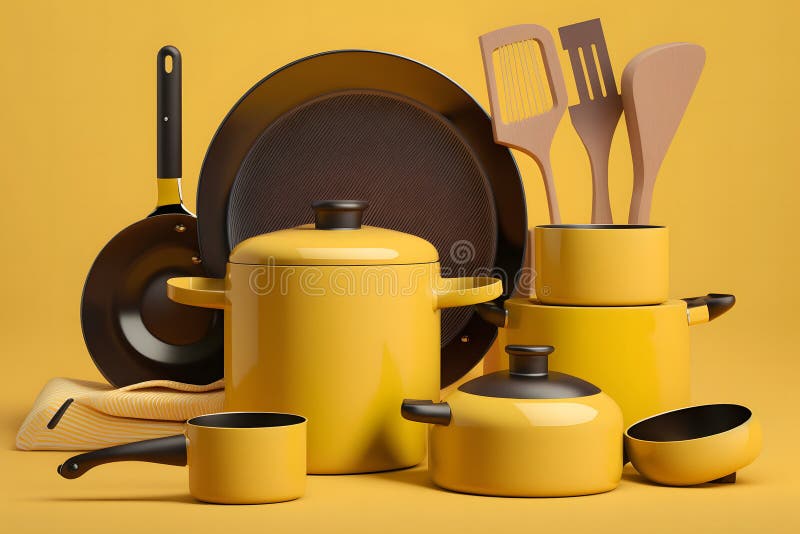 Yellow Kitchen Utensils Set. Neural Network AI Generated Stock
