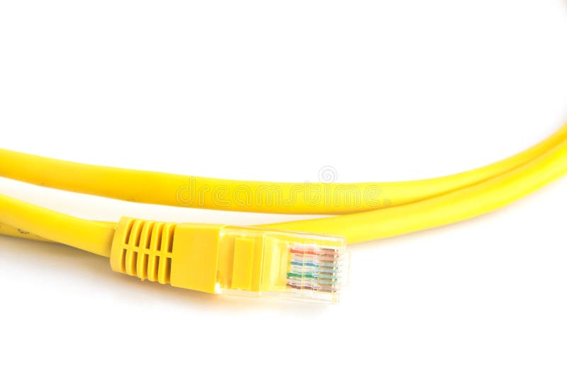 Yellow lan cable closeup on white background stock images