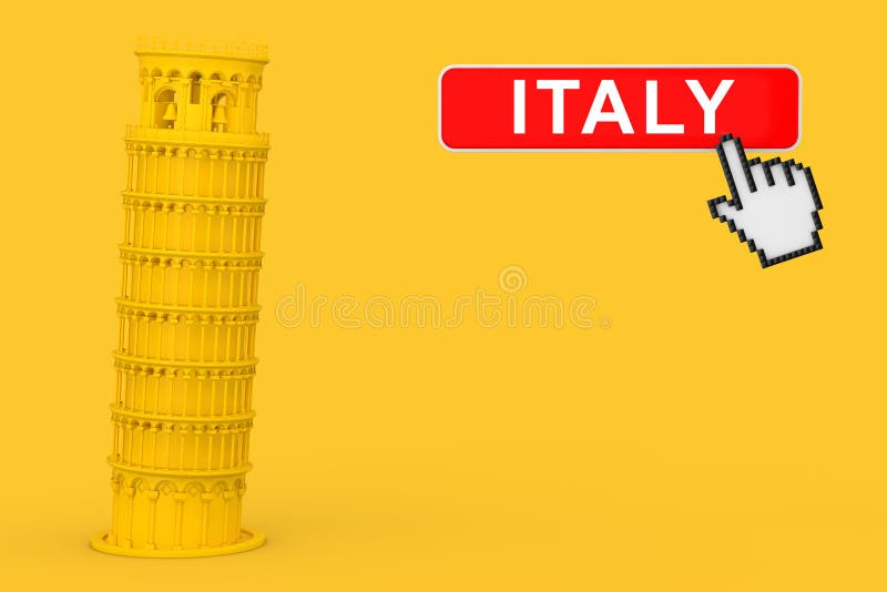Yellow Leaning Pisa Tower with Italy Button and Pixel Icon Hand. 3d Rendering vector illustration
