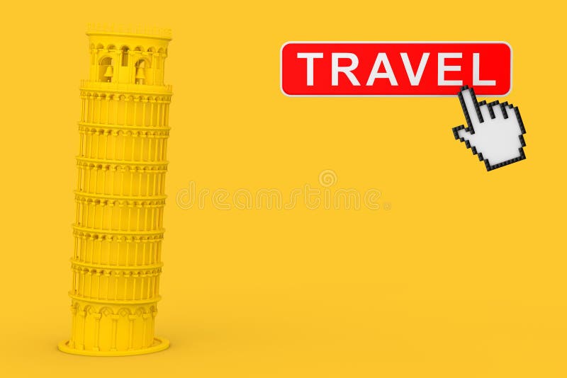 Yellow Leaning Pisa Tower with Travel Button and Pixel Icon Hand. 3d Rendering royalty free illustration
