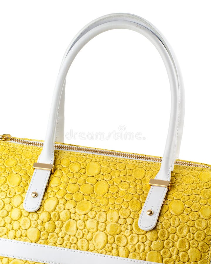 Yellow Leather Handbag with White Handles Isolated on White. Stock
