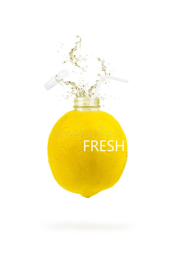 Yellow Lemon in the Form of Bottle, Citrus Minimal Concept, Vitamin C. Bottle of Lemon Juice and
