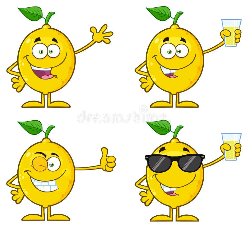 Yellow Lemon Fresh Fruit With Green Leaf Cartoon Mascot Character 1. Set Collection