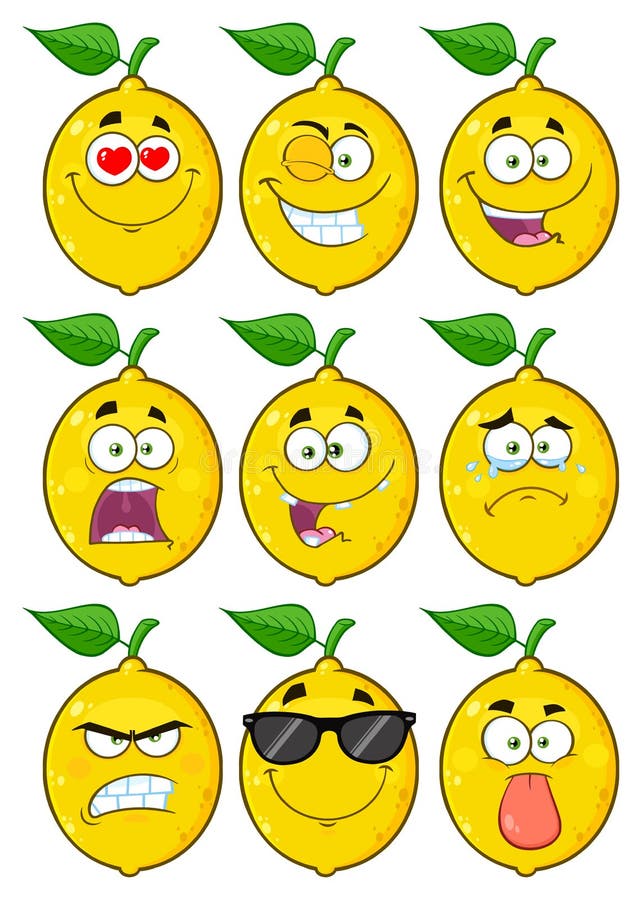 Yellow Lemon Fruit Cartoon Emoji Face Character Set 1. Collection